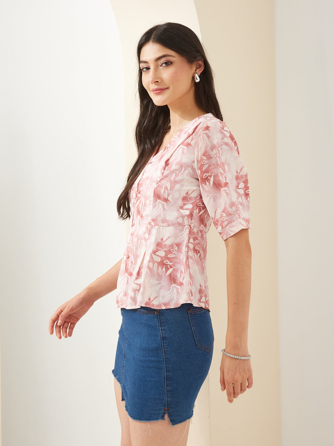 Latin Quarters Women Pink V- Neck Half Sleeves Printed Casual Peplum Top