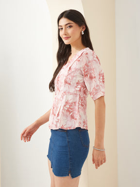 Latin Quarters Women Pink V- Neck Half Sleeves Printed Casual Peplum Top