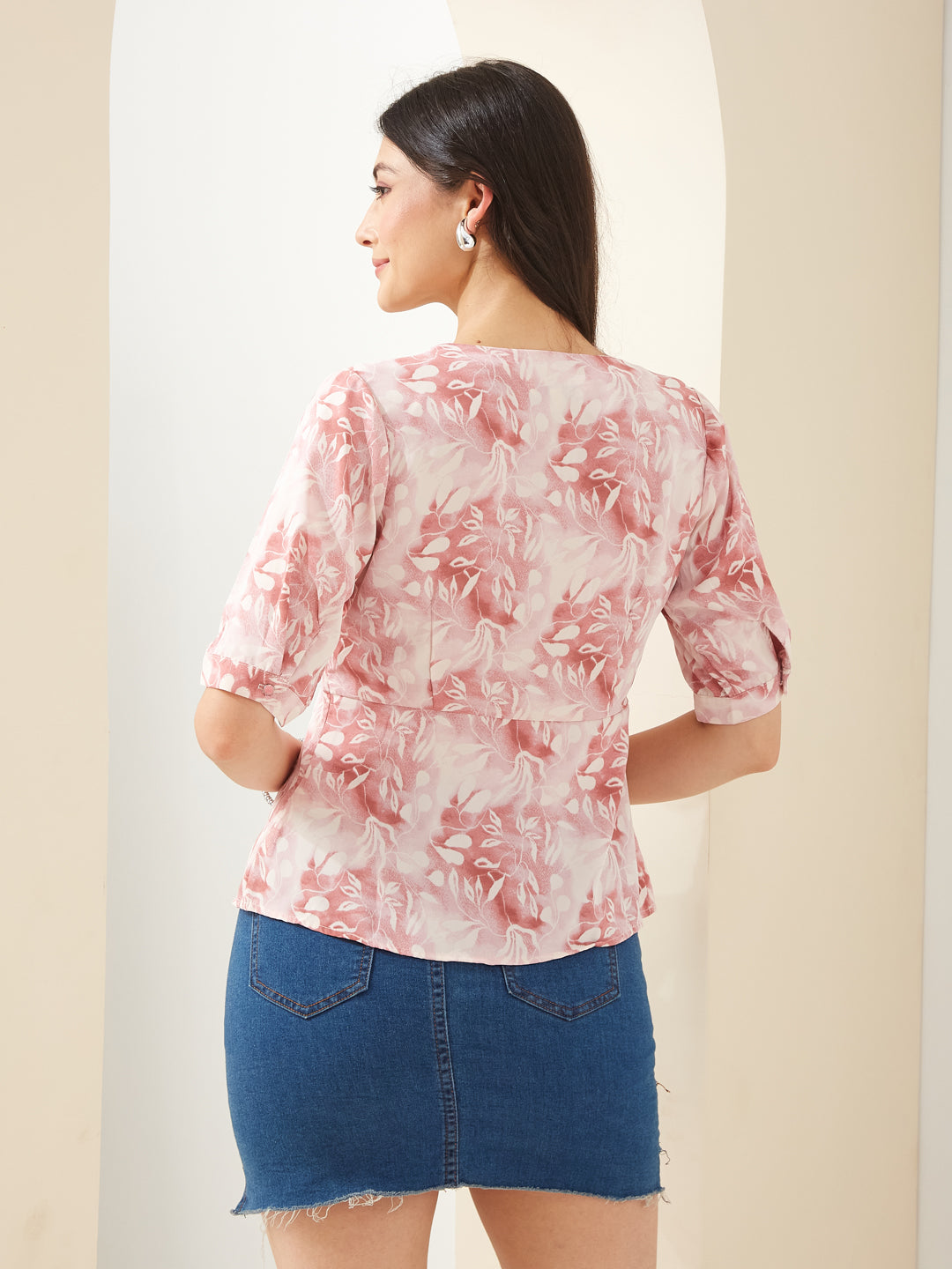 Latin Quarters Women Pink V- Neck Half Sleeves Printed Casual Peplum Top