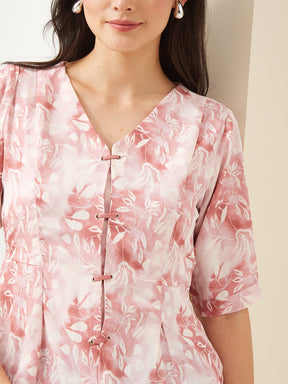 Latin Quarters Women Pink V- Neck Half Sleeves Printed Casual Peplum Top