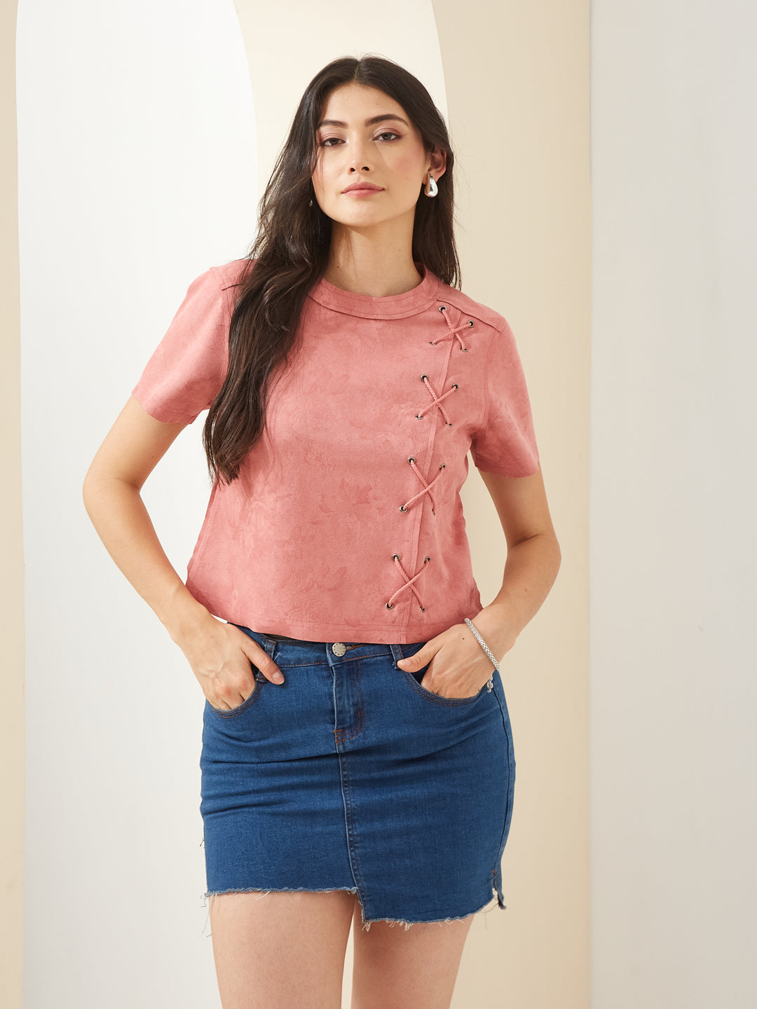 Latin Quarters Women Pink Round Short Sleeves Solid Casual Top