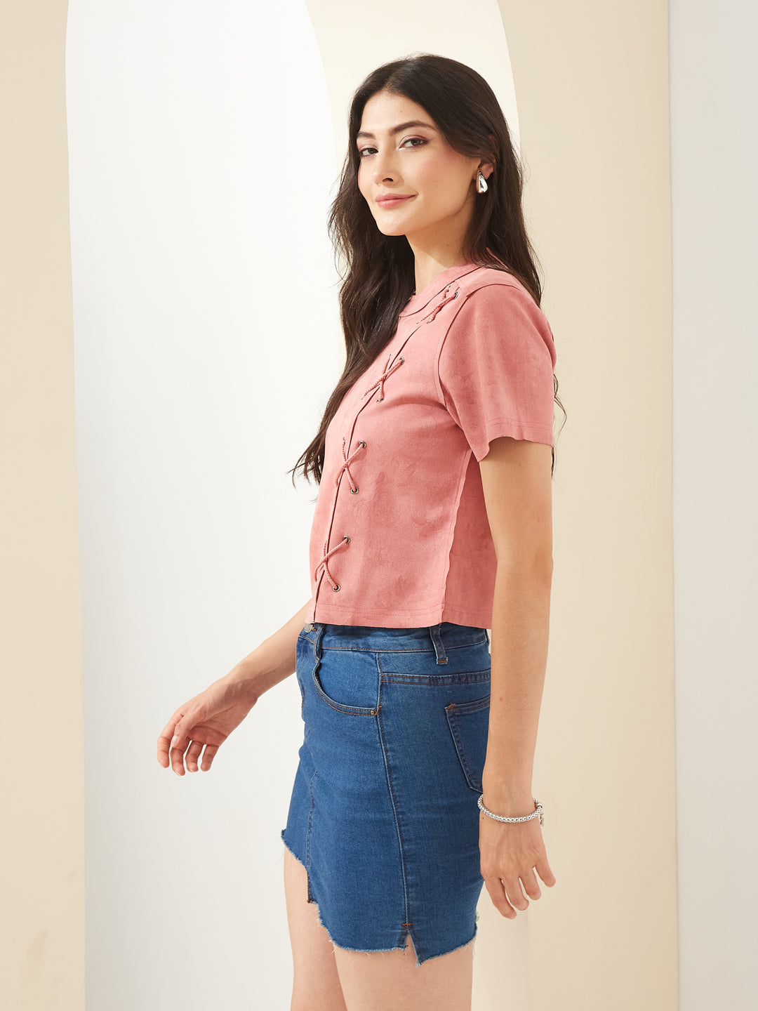 Latin Quarters Women Pink Round Short Sleeves Solid Casual Top