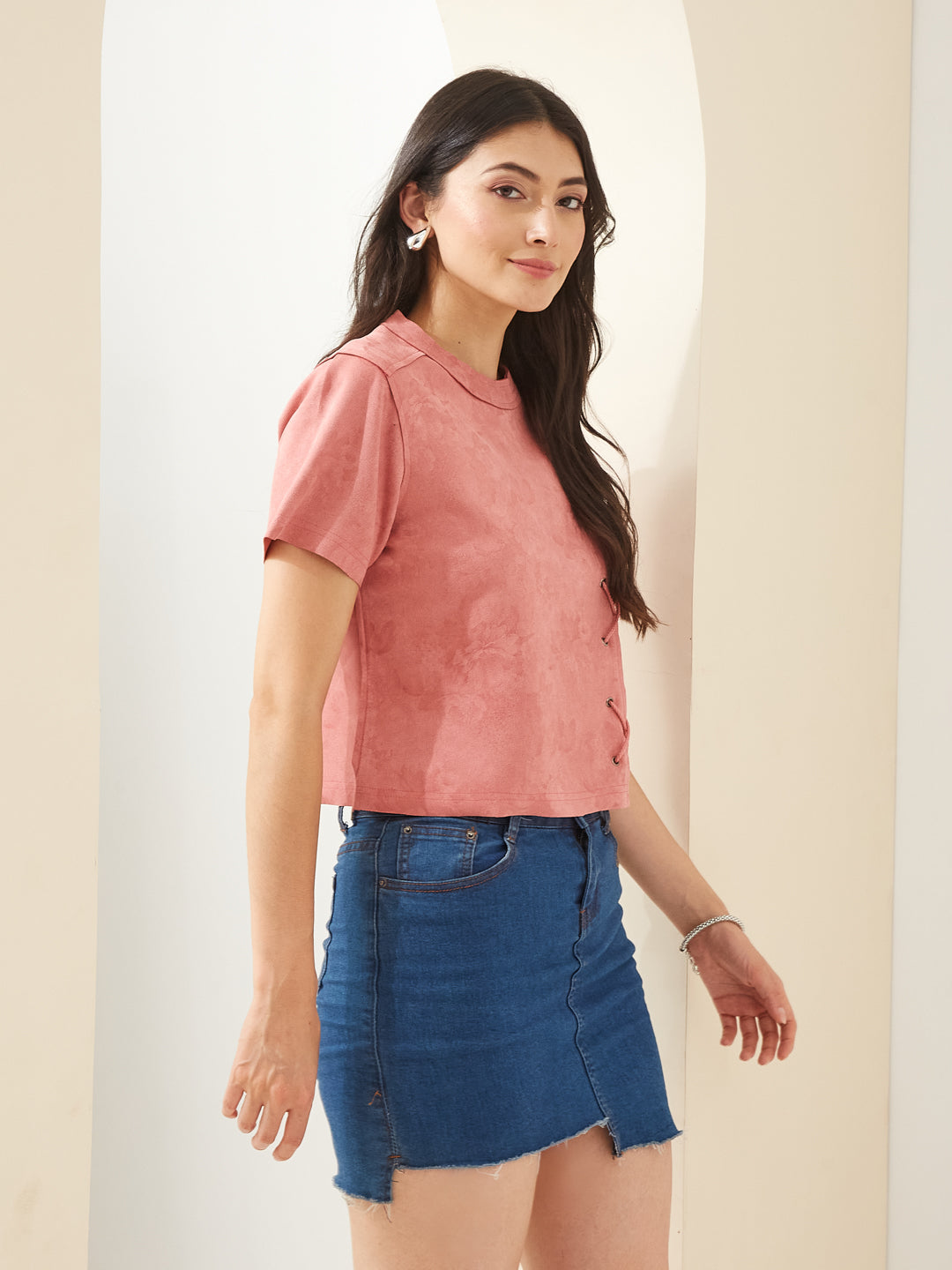 Latin Quarters Women Pink Round Short Sleeves Solid Casual Top