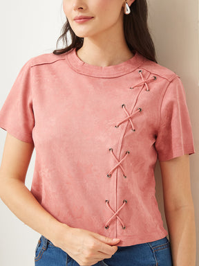 Latin Quarters Women Pink Round Short Sleeves Solid Casual Top