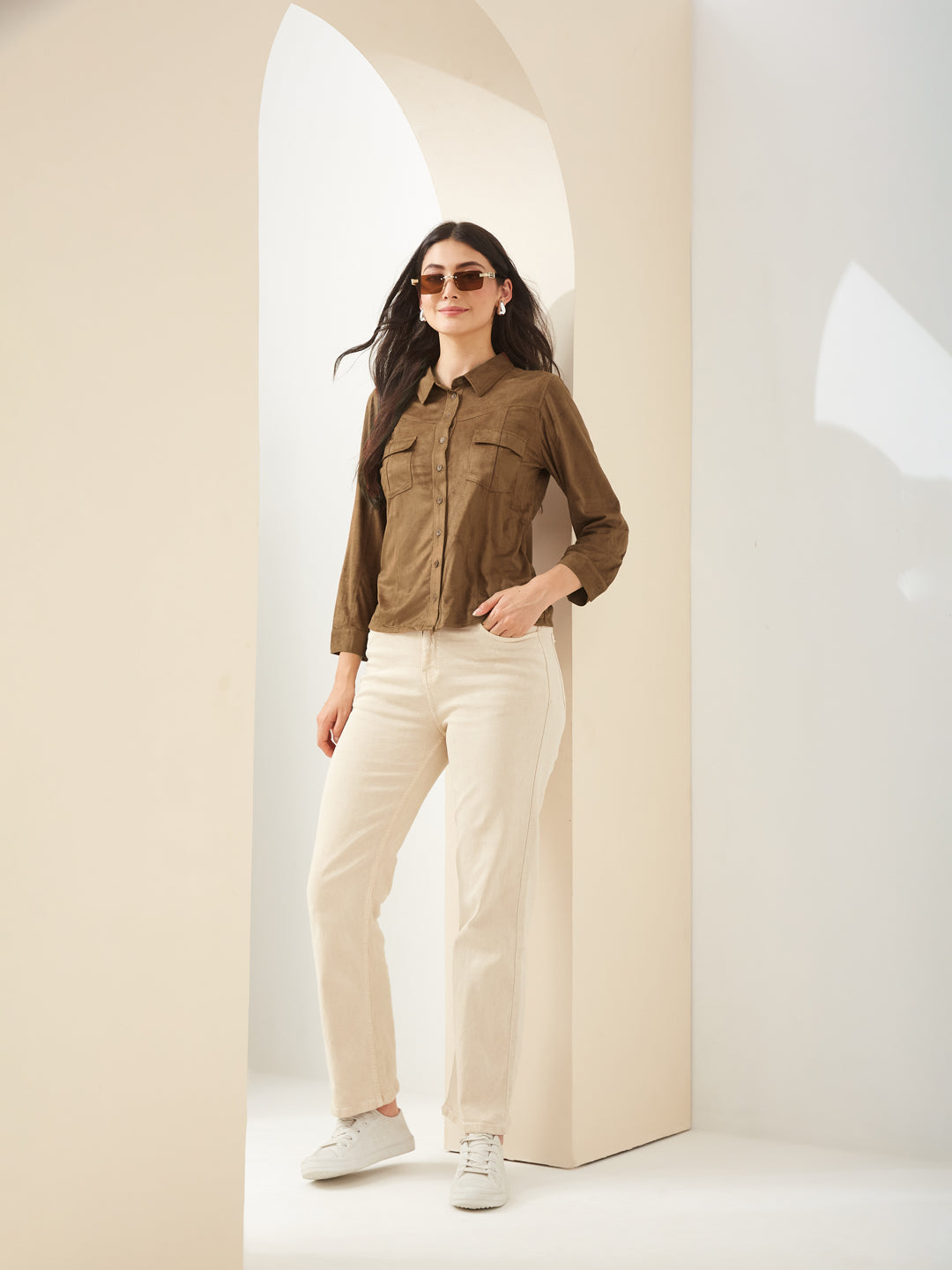 Latin Quarters Women Brown Collared Full Sleeves Solid Casual Shirt