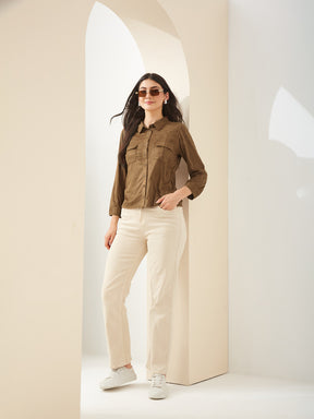 Latin Quarters Women Brown Collared Full Sleeves Solid Casual Shirt