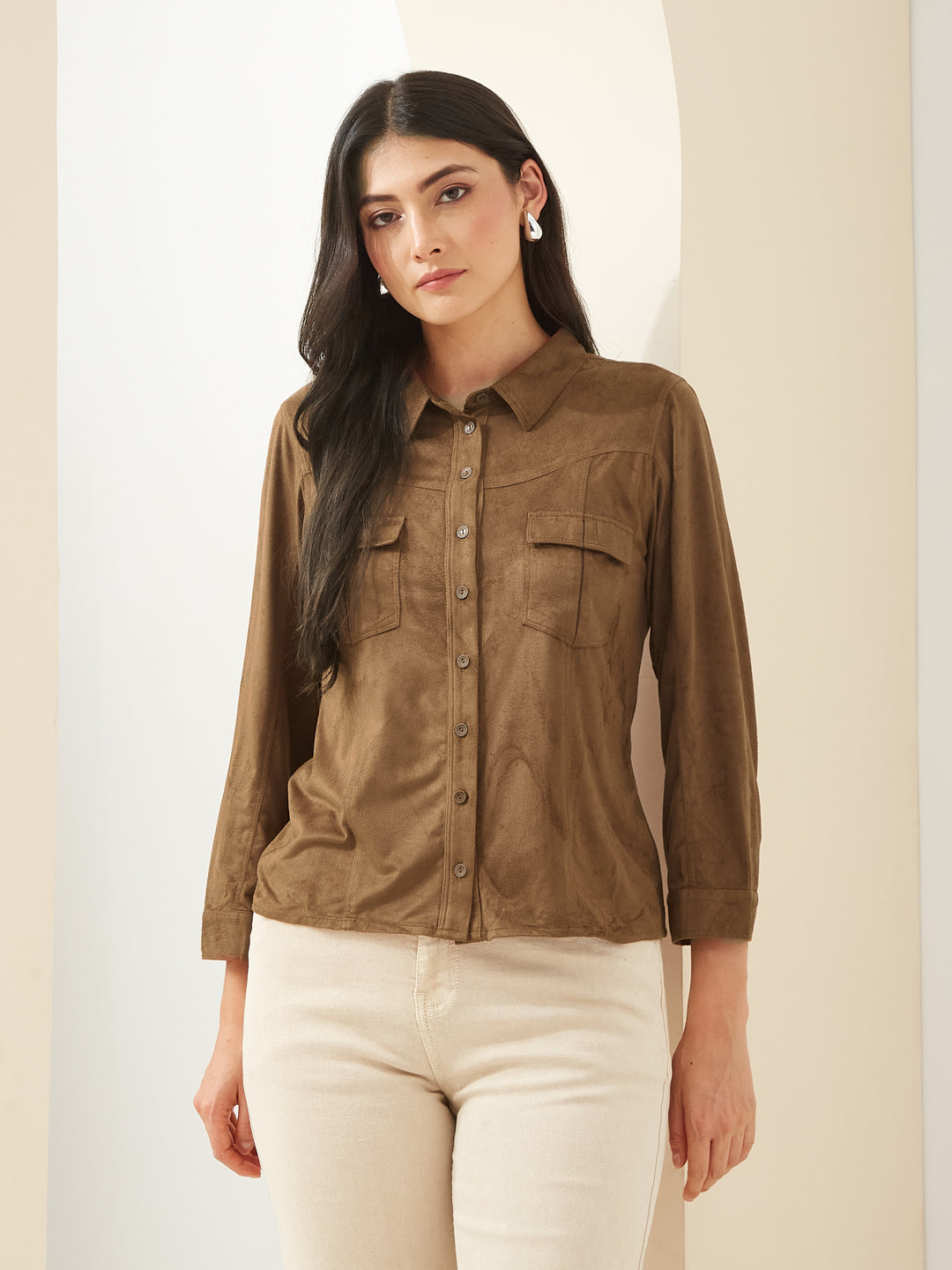 Latin Quarters Women Brown Collared Full Sleeves Solid Casual Shirt