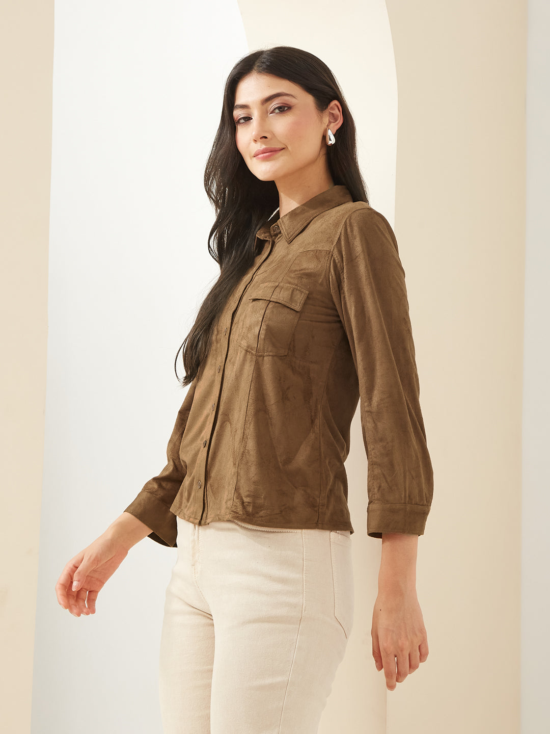 Latin Quarters Women Brown Collared Full Sleeves Solid Casual Shirt