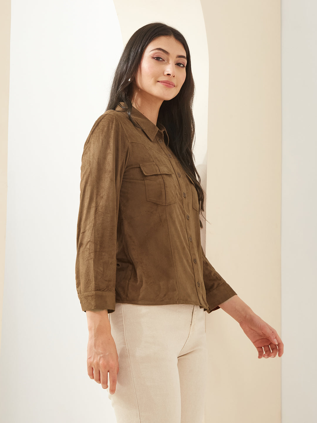 Latin Quarters Women Brown Collared Full Sleeves Solid Casual Shirt