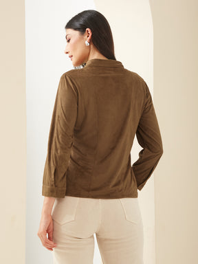 Latin Quarters Women Brown Collared Full Sleeves Solid Casual Shirt