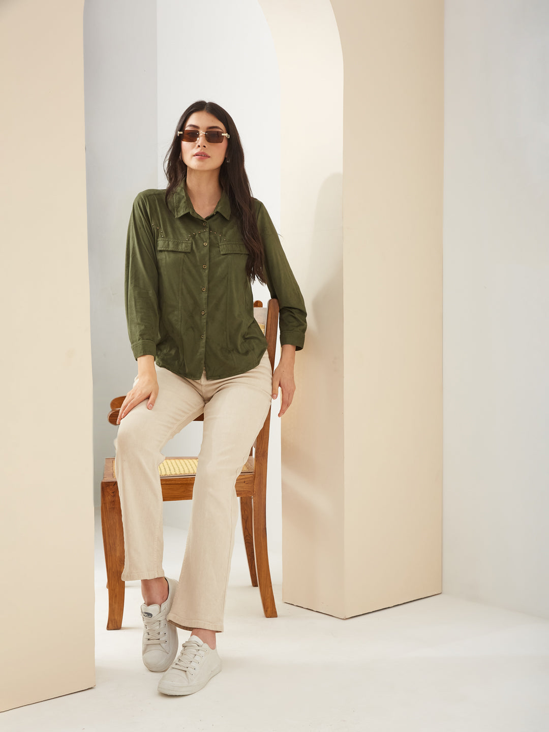 Latin Quarters Women Green Collared Full Sleeves Solid Casual Shirt