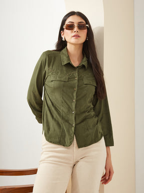 Latin Quarters Women Green Collared Full Sleeves Solid Casual Shirt