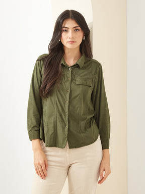 Latin Quarters Women Green Collared Full Sleeves Solid Casual Shirt