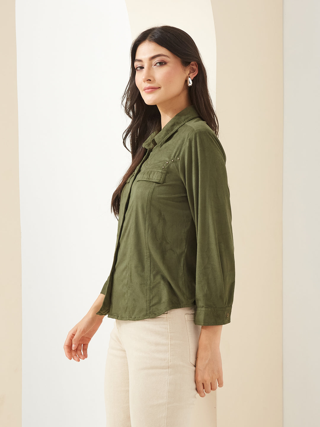 Latin Quarters Women Green Collared Full Sleeves Solid Casual Shirt