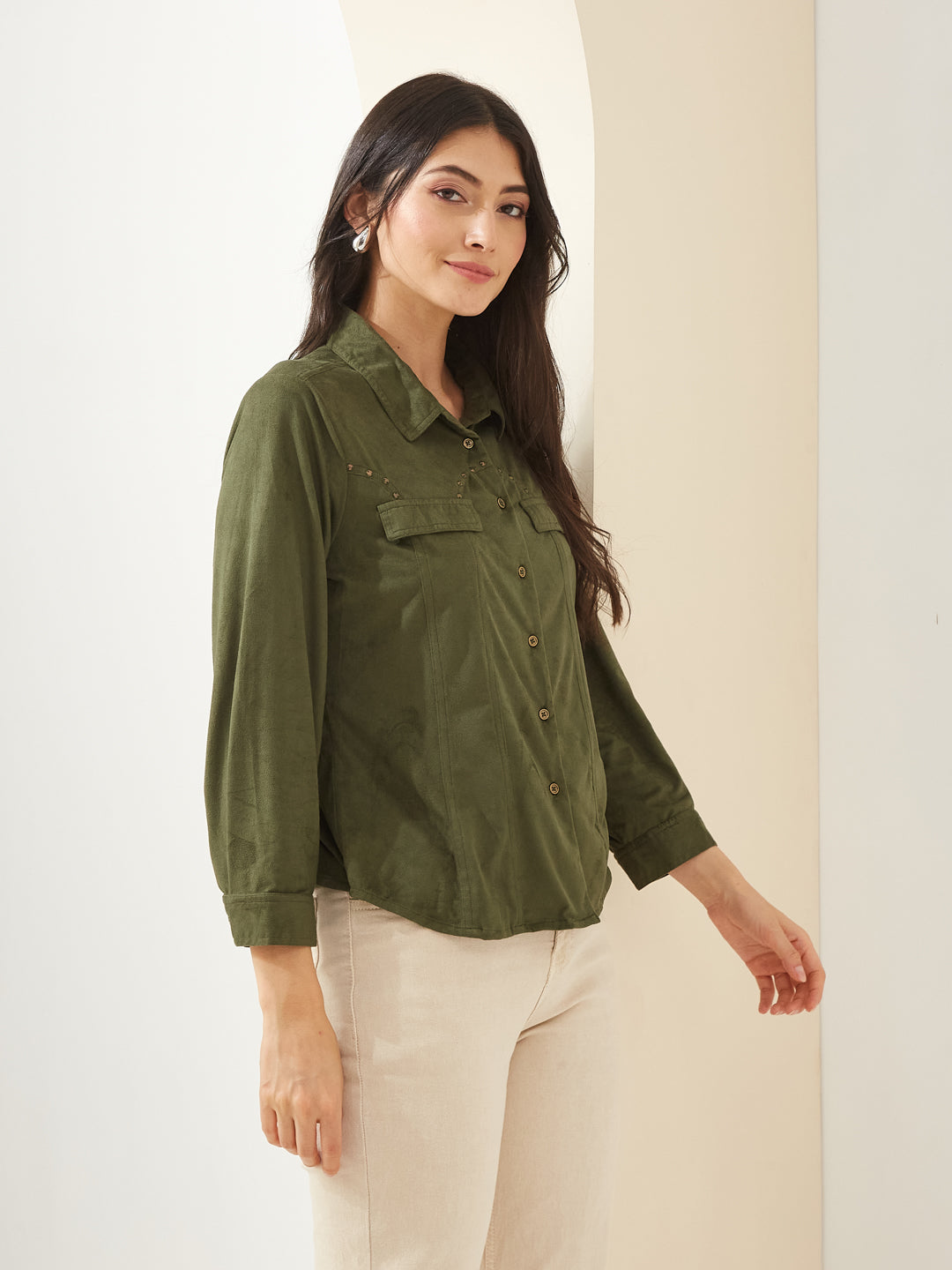 Latin Quarters Women Green Collared Full Sleeves Solid Casual Shirt