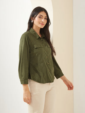 Latin Quarters Women Green Collared Full Sleeves Solid Casual Shirt
