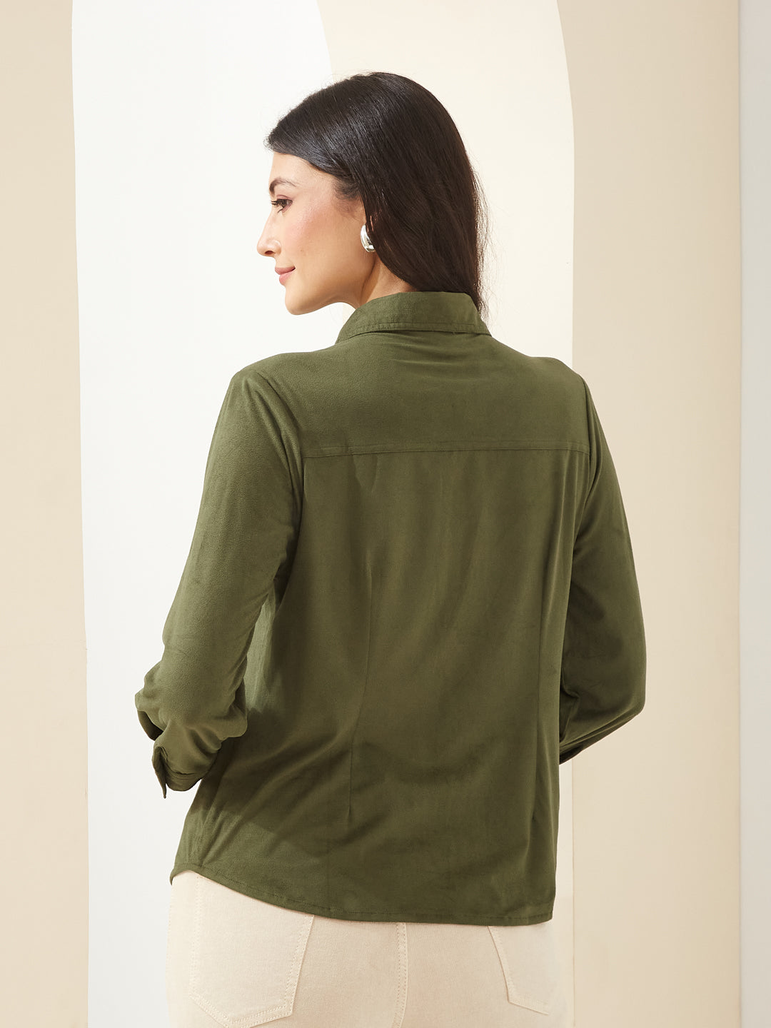 Latin Quarters Women Green Collared Full Sleeves Solid Casual Shirt