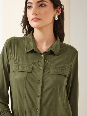 Latin Quarters Women Green Collared Full Sleeves Solid Casual Shirt
