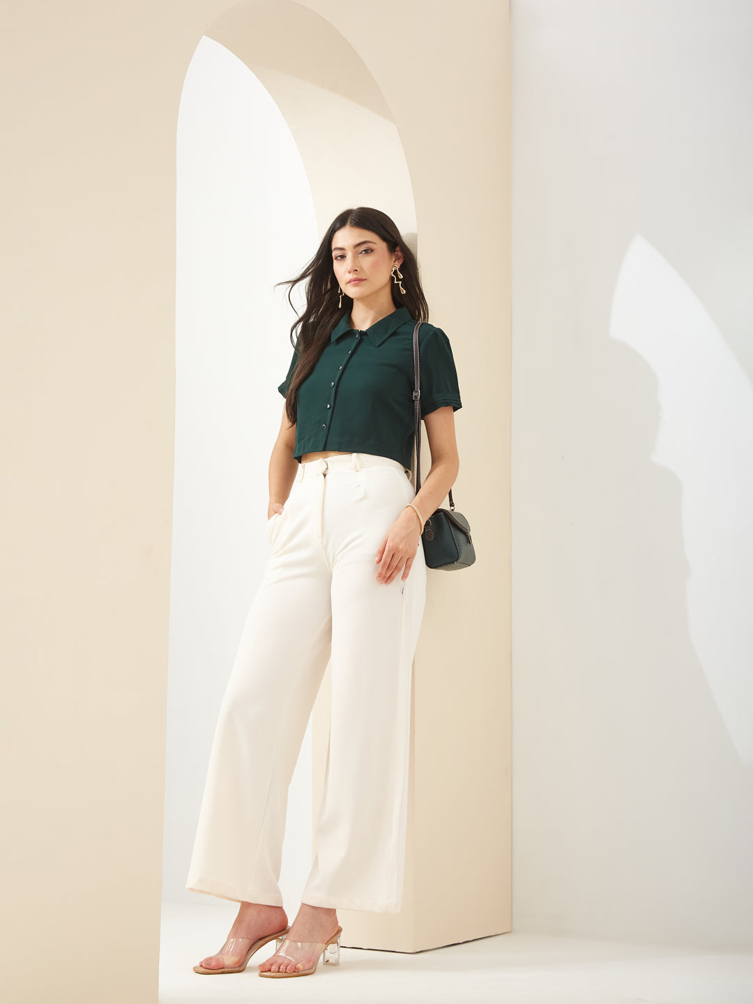 Latin Quarters Women Green Collared Short Sleeves Solid Casual Shirt