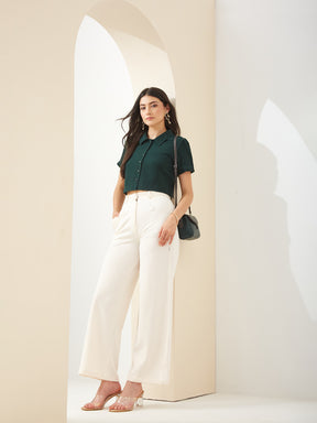 Latin Quarters Women Green Collared Short Sleeves Solid Casual Shirt