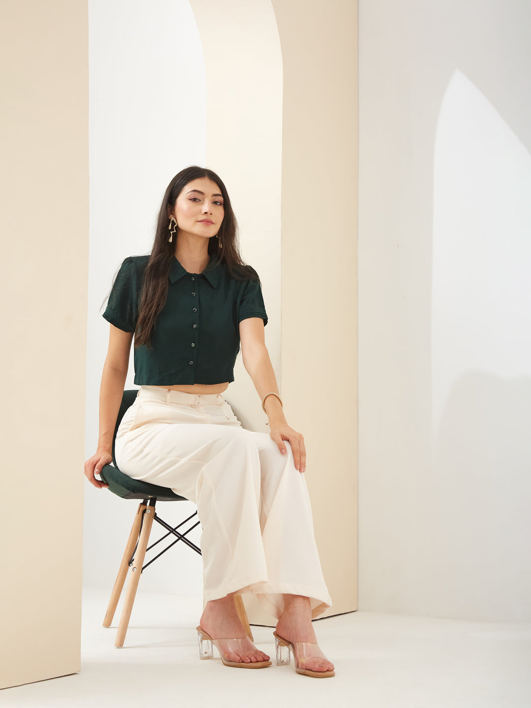 Latin Quarters Women Green Collared Short Sleeves Solid Casual Shirt