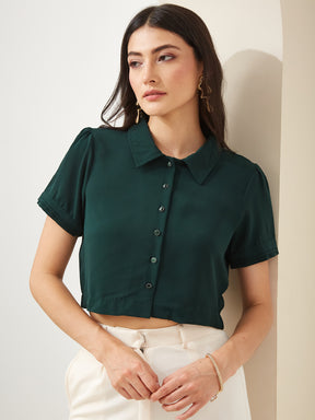 Latin Quarters Women Green Collared Short Sleeves Solid Casual Shirt