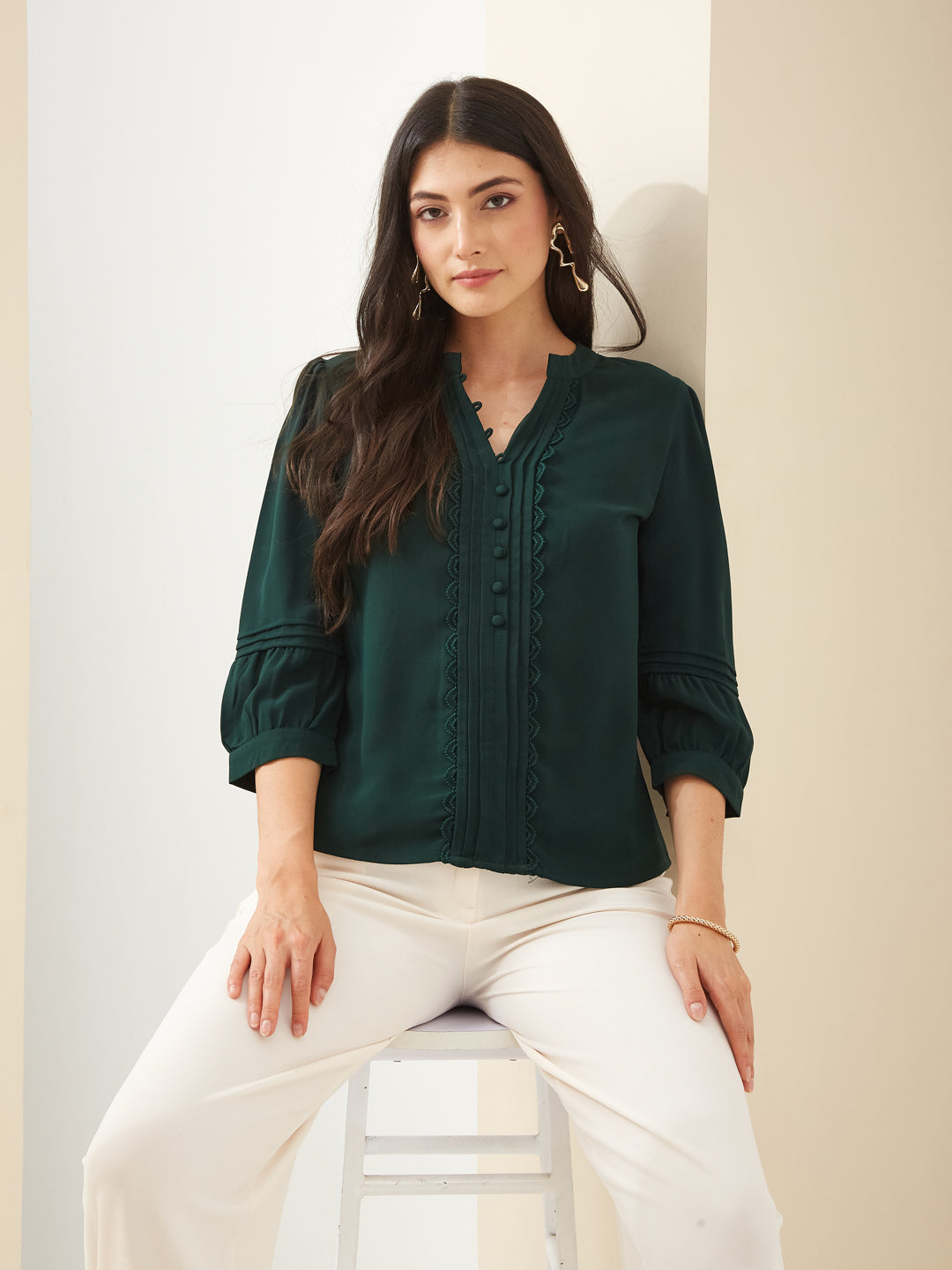 Latin Quarters Women Green Collared 3/4Th Sleeves Solid Casual Top