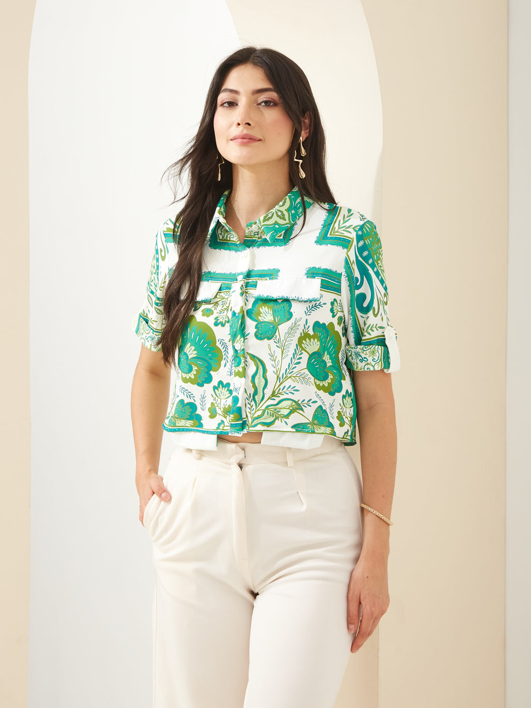 Latin Quarters Women Green Collared Half Sleeves Printed Casual Shirt