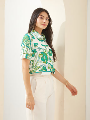Latin Quarters Women Green Collared Half Sleeves Printed Casual Shirt