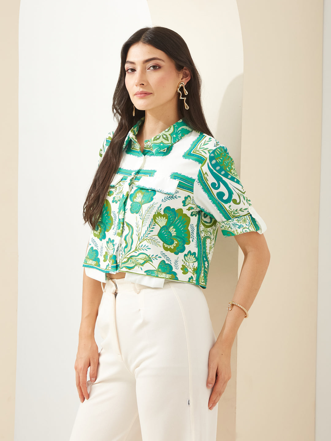 Latin Quarters Women Green Collared Half Sleeves Printed Casual Shirt