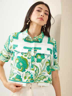 Latin Quarters Women Green Collared Half Sleeves Printed Casual Shirt