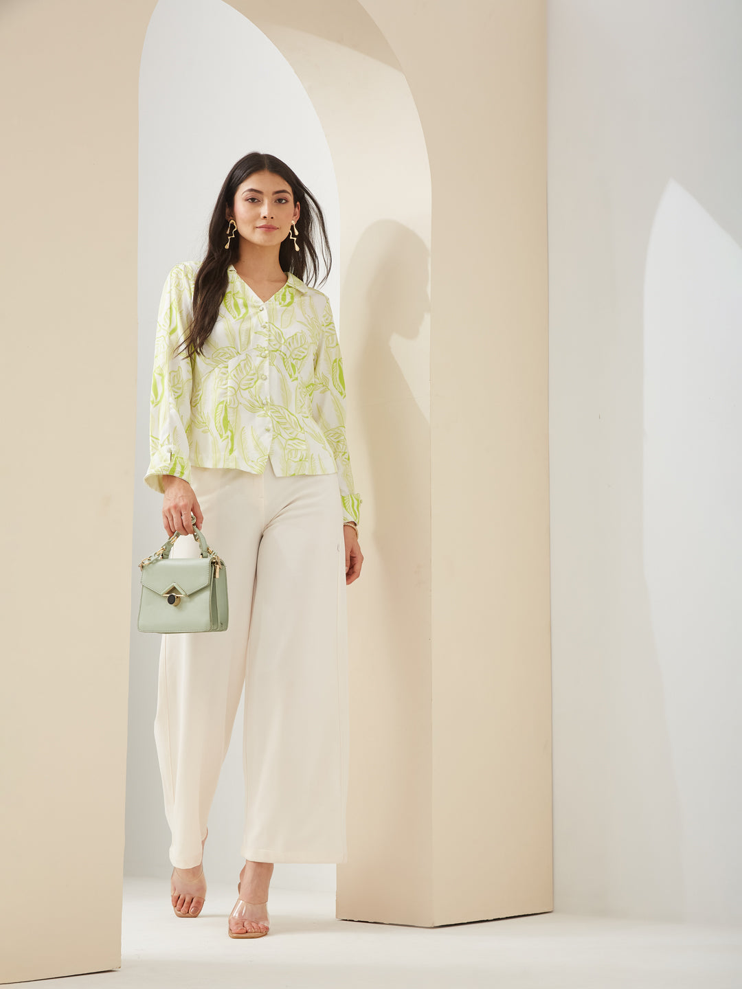 Latin Quarters Women Green Collared Full Sleeves Printed Casual Shirt