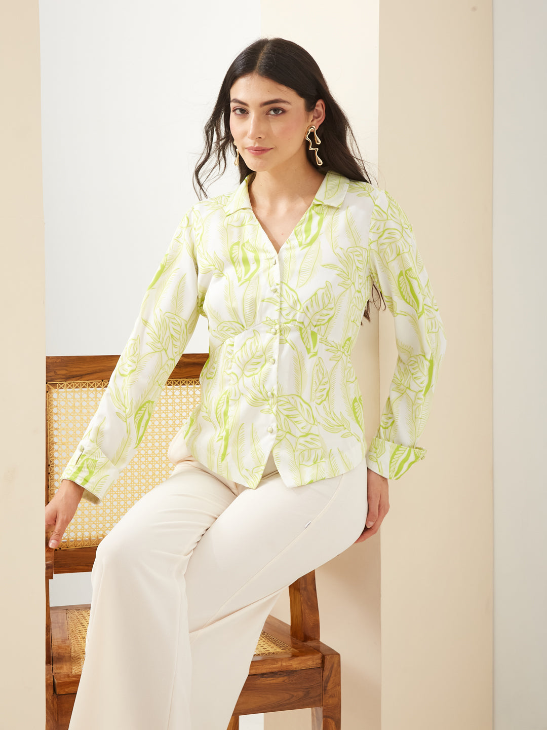 Latin Quarters Women Green Collared Full Sleeves Printed Casual Shirt
