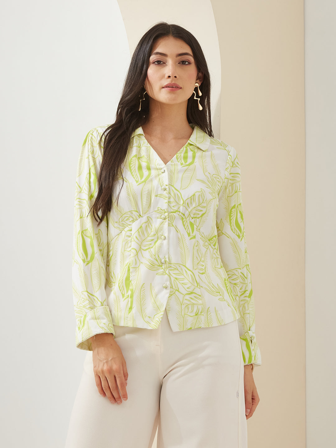 Latin Quarters Women Green Collared Full Sleeves Printed Casual Shirt