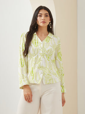 Latin Quarters Women Green Collared Full Sleeves Printed Casual Shirt