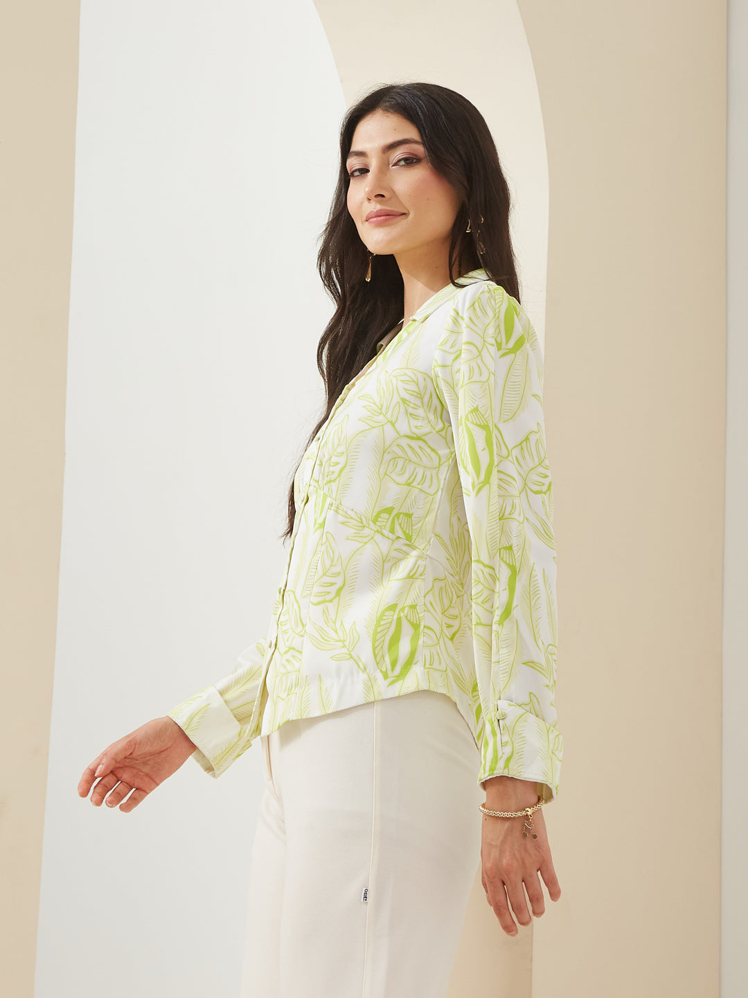 Latin Quarters Women Green Collared Full Sleeves Printed Casual Shirt
