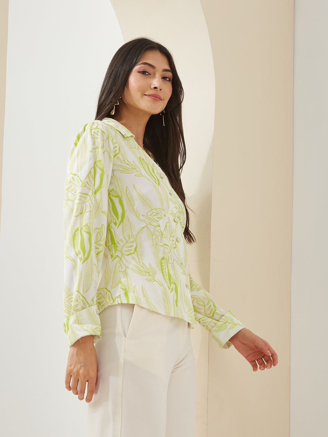 Latin Quarters Women Green Collared Full Sleeves Printed Casual Shirt