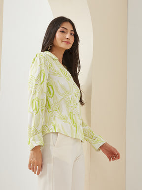 Latin Quarters Women Green Collared Full Sleeves Printed Casual Shirt