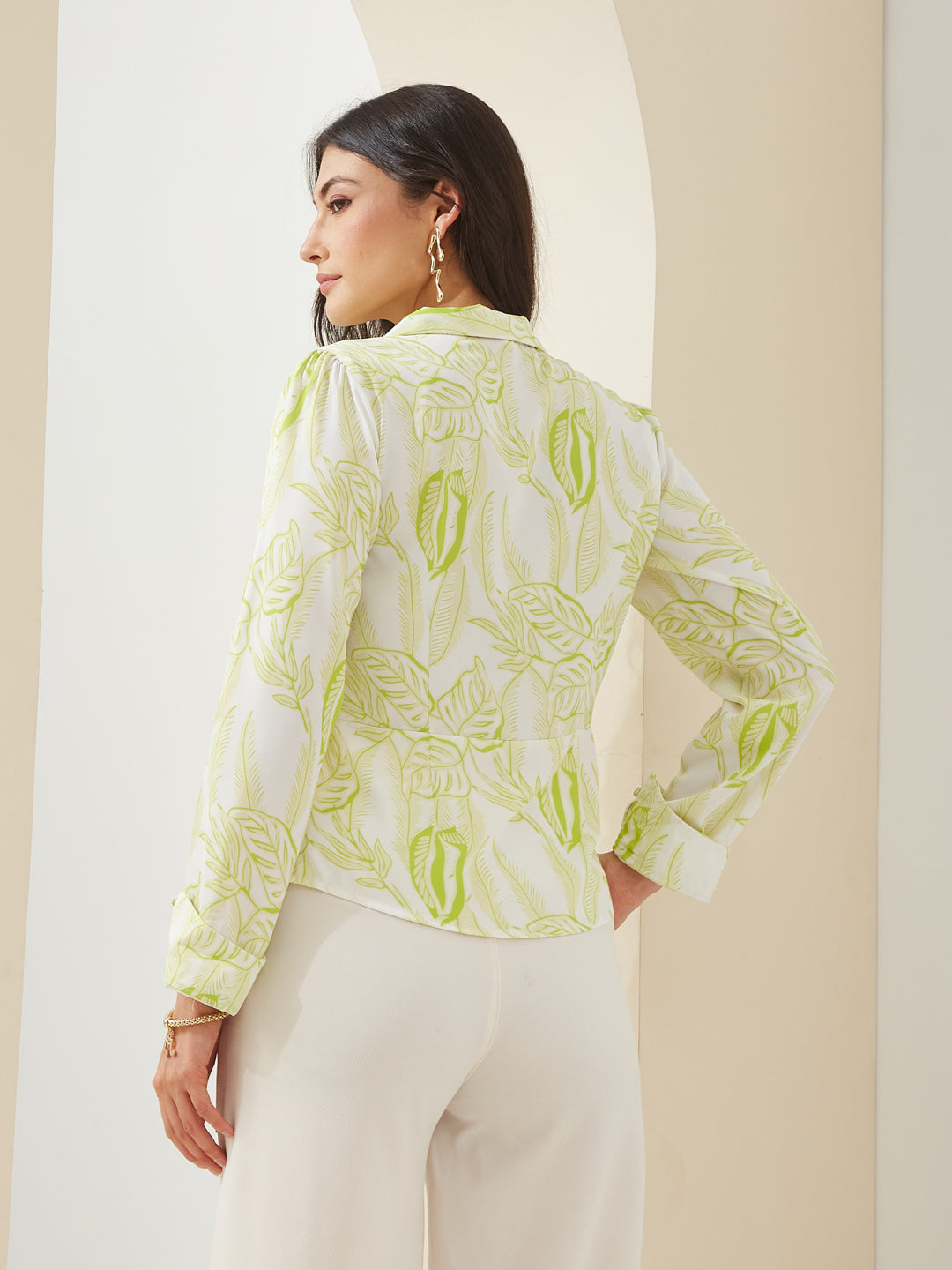 Latin Quarters Women Green Collared Full Sleeves Printed Casual Shirt