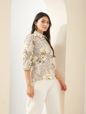 Latin Quarters Women White Collared 3/4th Sleeves Printed Casual Shirt