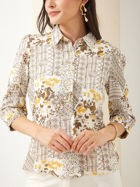 Latin Quarters Women White Collared 3/4th Sleeves Printed Casual Shirt