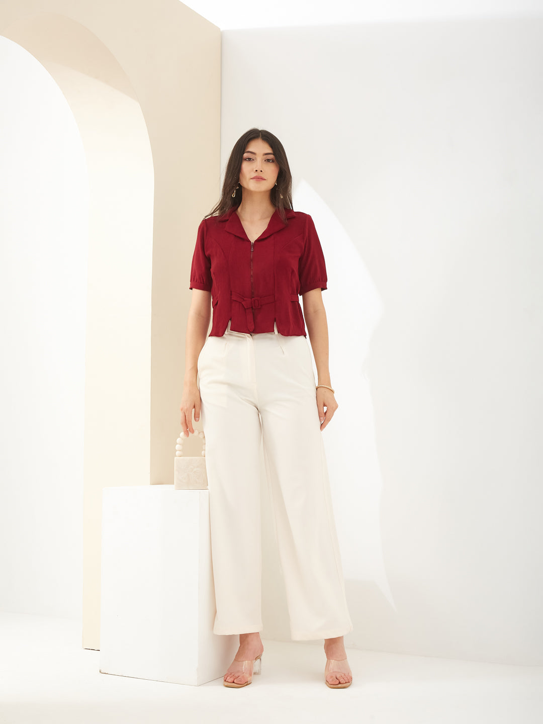 Latin Quarters Women Maroon Solid Half Sleeve Collared Casual Shirt