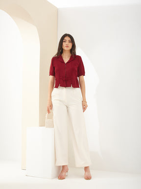 Latin Quarters Women Maroon Solid Half Sleeve Collared Casual Shirt