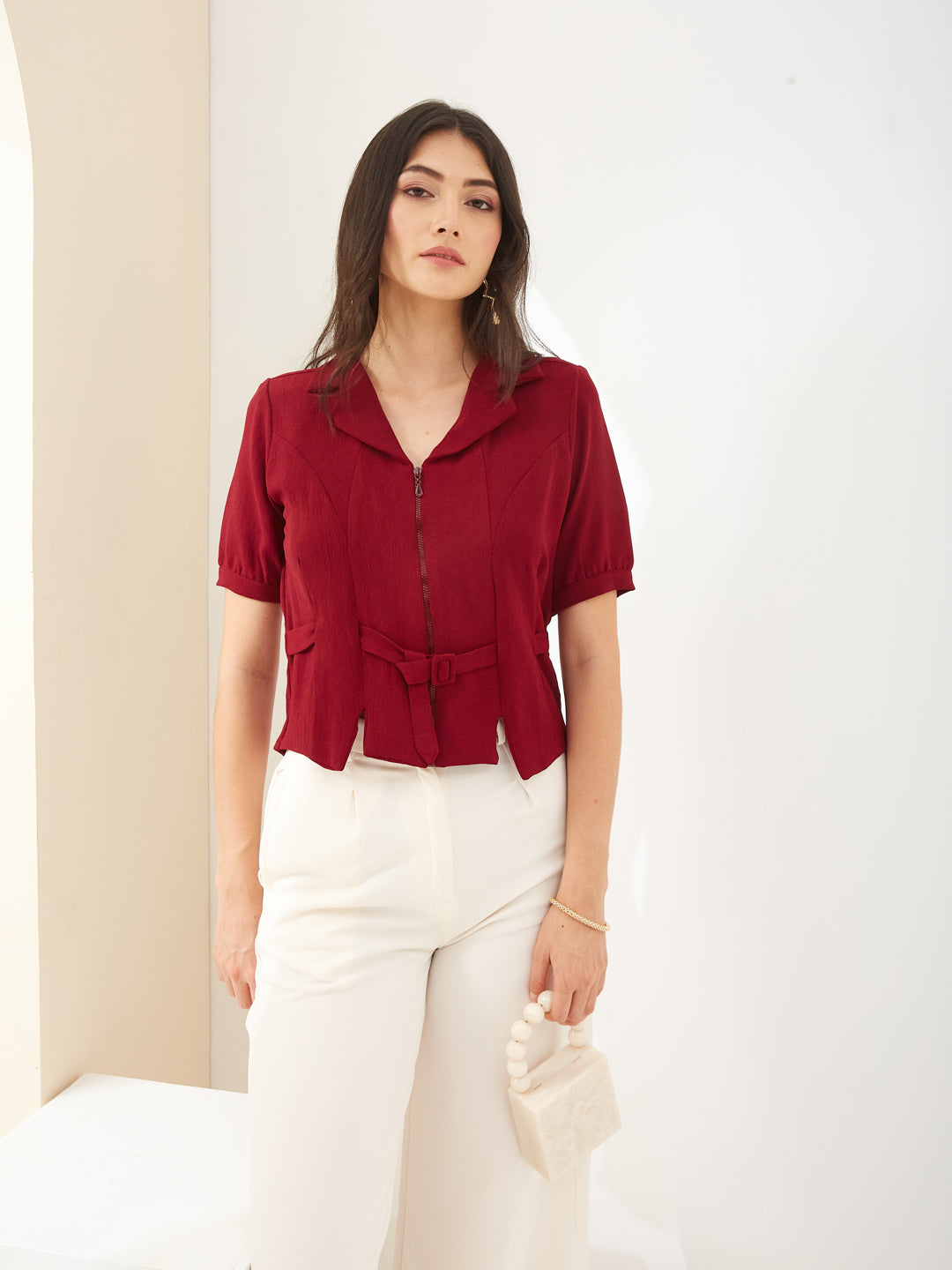 Latin Quarters Women Maroon Solid Half Sleeve Collared Casual Shirt