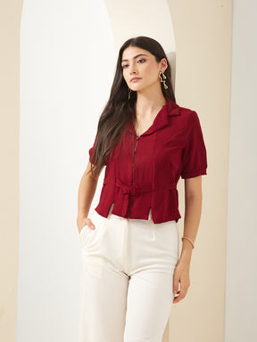 Latin Quarters Women Maroon Solid Half Sleeve Collared Casual Shirt
