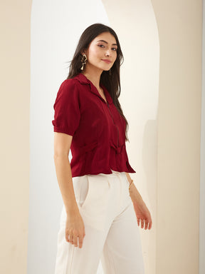 Latin Quarters Women Maroon Solid Half Sleeve Collared Casual Shirt