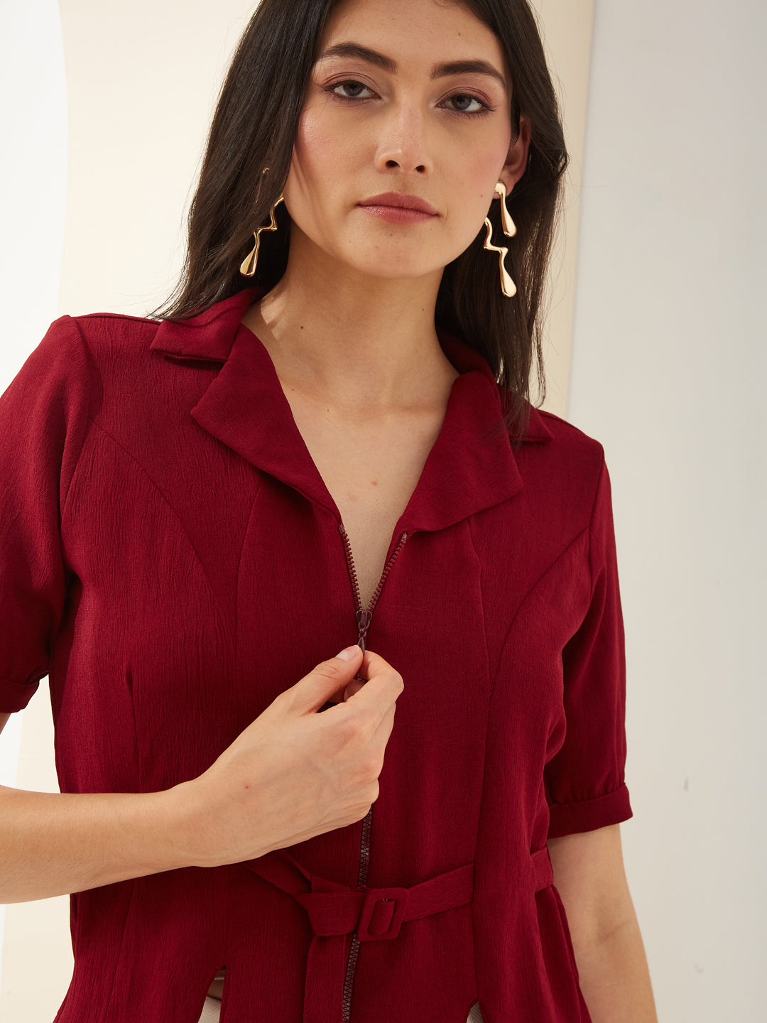 Latin Quarters Women Maroon Solid Half Sleeve Collared Casual Shirt
