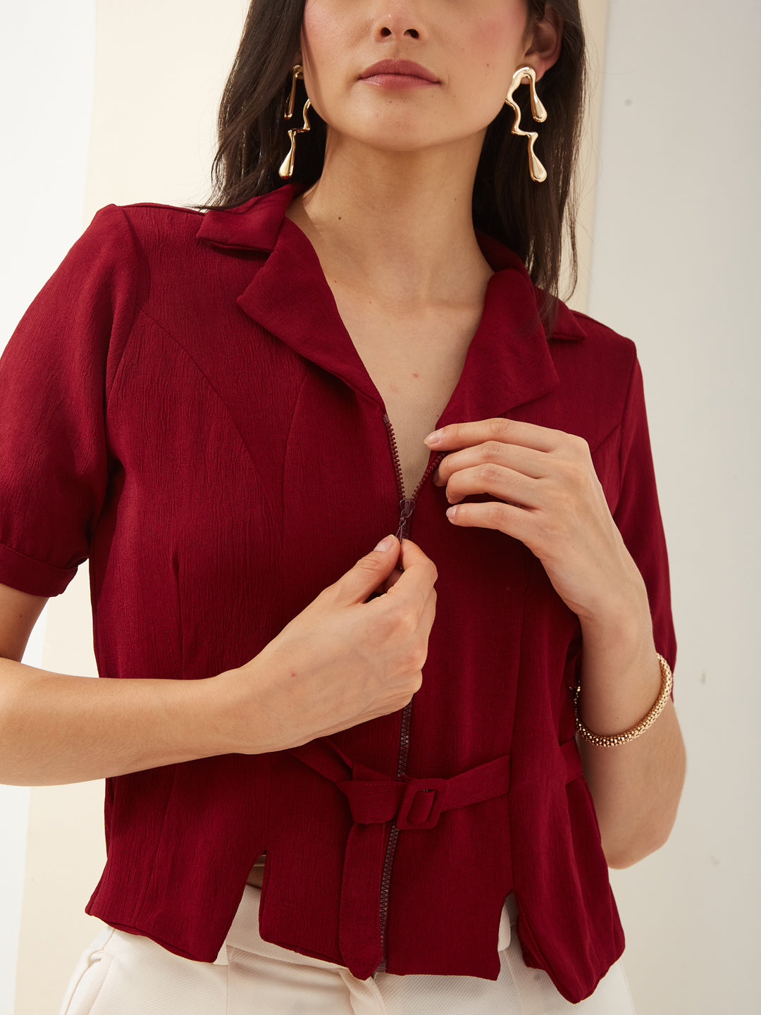 Latin Quarters Women Maroon Solid Half Sleeve Collared Casual Shirt