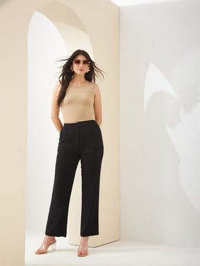 Latin Quarters Women Black Straight Fit Solid High Rise Casual Trouser
