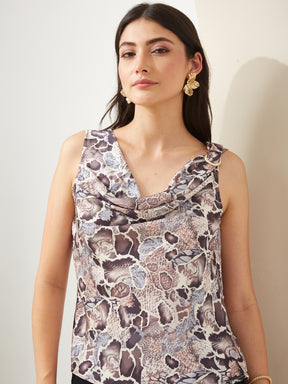 Latin Quarters Women Brown Cowl Neck Sleeveless Printed Casual Top